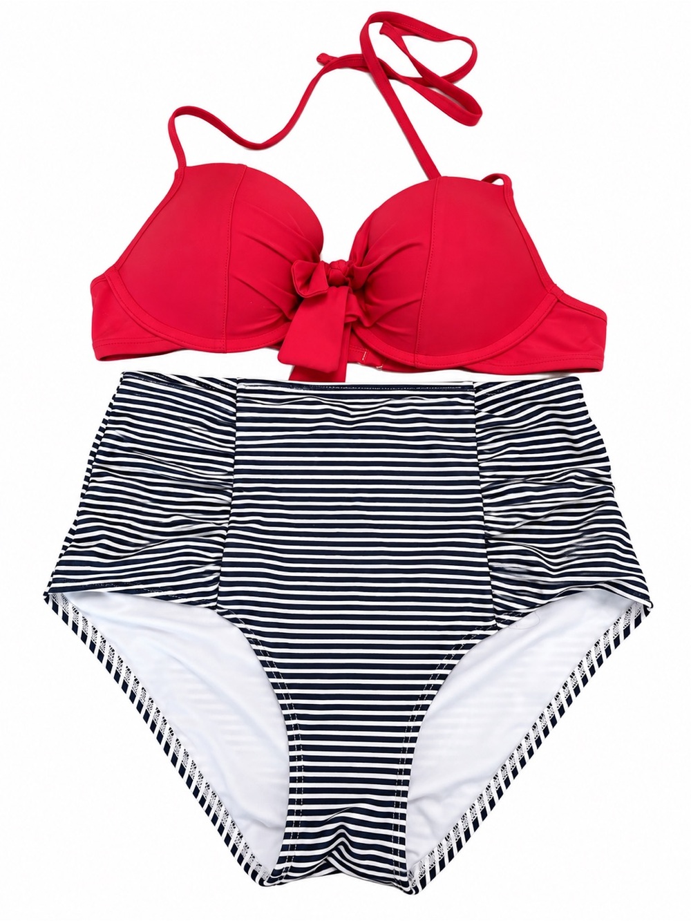 aerie Red Halter Bikini Top with Navy & White Striped High-Waist Bottom